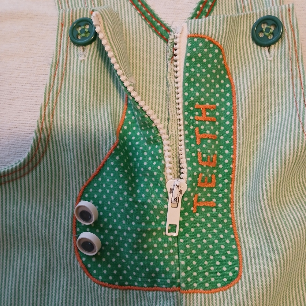 Vintage Green Kids Overalls Size 4T Alligator Zipper Teeth Pinstriped Button - Picture 3 of 8